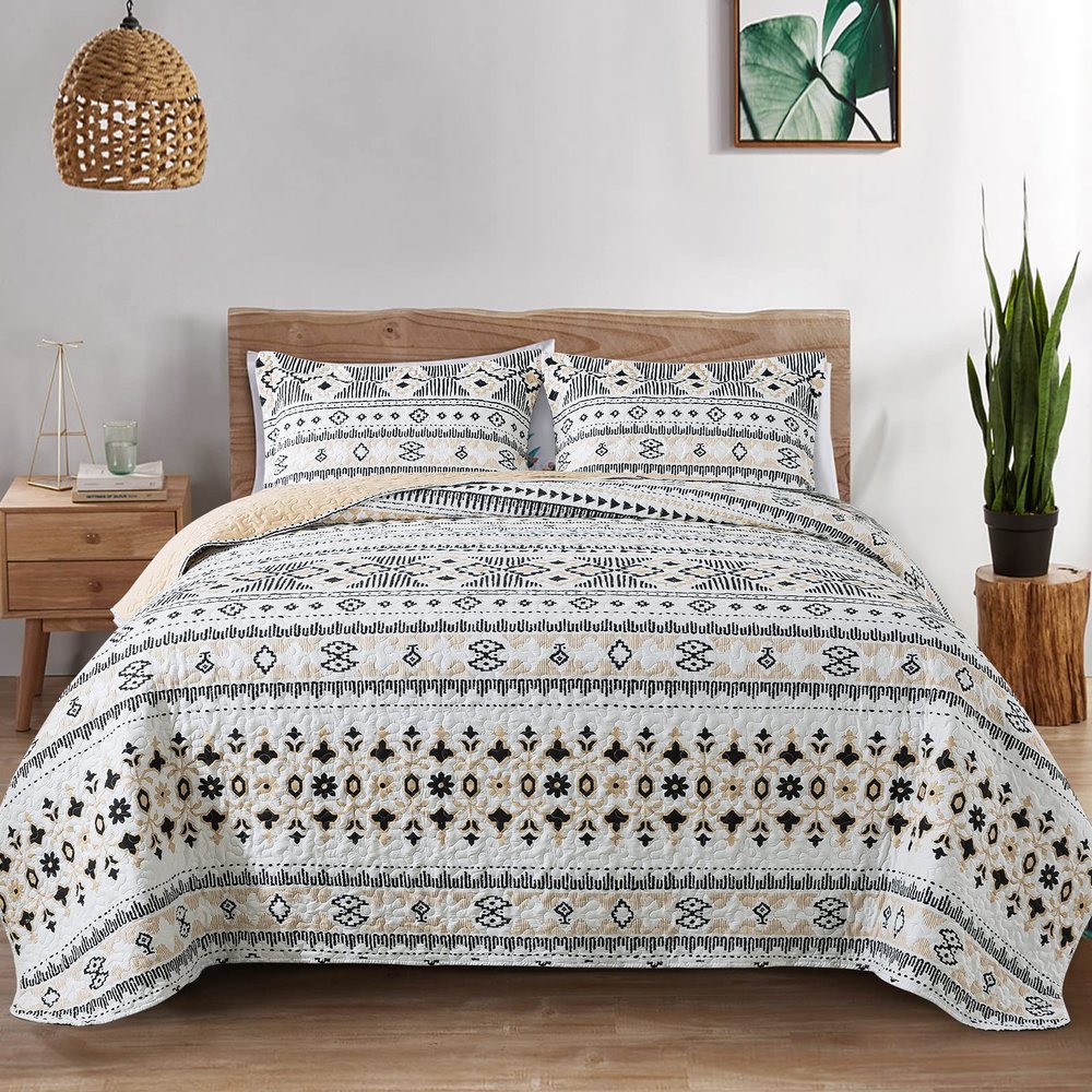 BEDIFANY Boho Quilt King Size Set, Lightweight Bedspread King Size Stripe Boho King Quilt, Quilt Bedding Set for Bed Decoration, All-Season Coverlet Set, 3 Pieces
