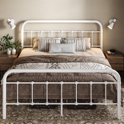Allewie Full Size Metal Platform Bed Frame with Victorian Style Wrought Iron-Art Headboard/Footboard, No Box Spring Required, White