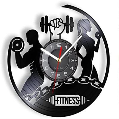 Black Vinyl Wall Clock 12Inch Handmade Sports Gym Wall Art Bodybuilding Room Decor Dumbbell Wall Clock