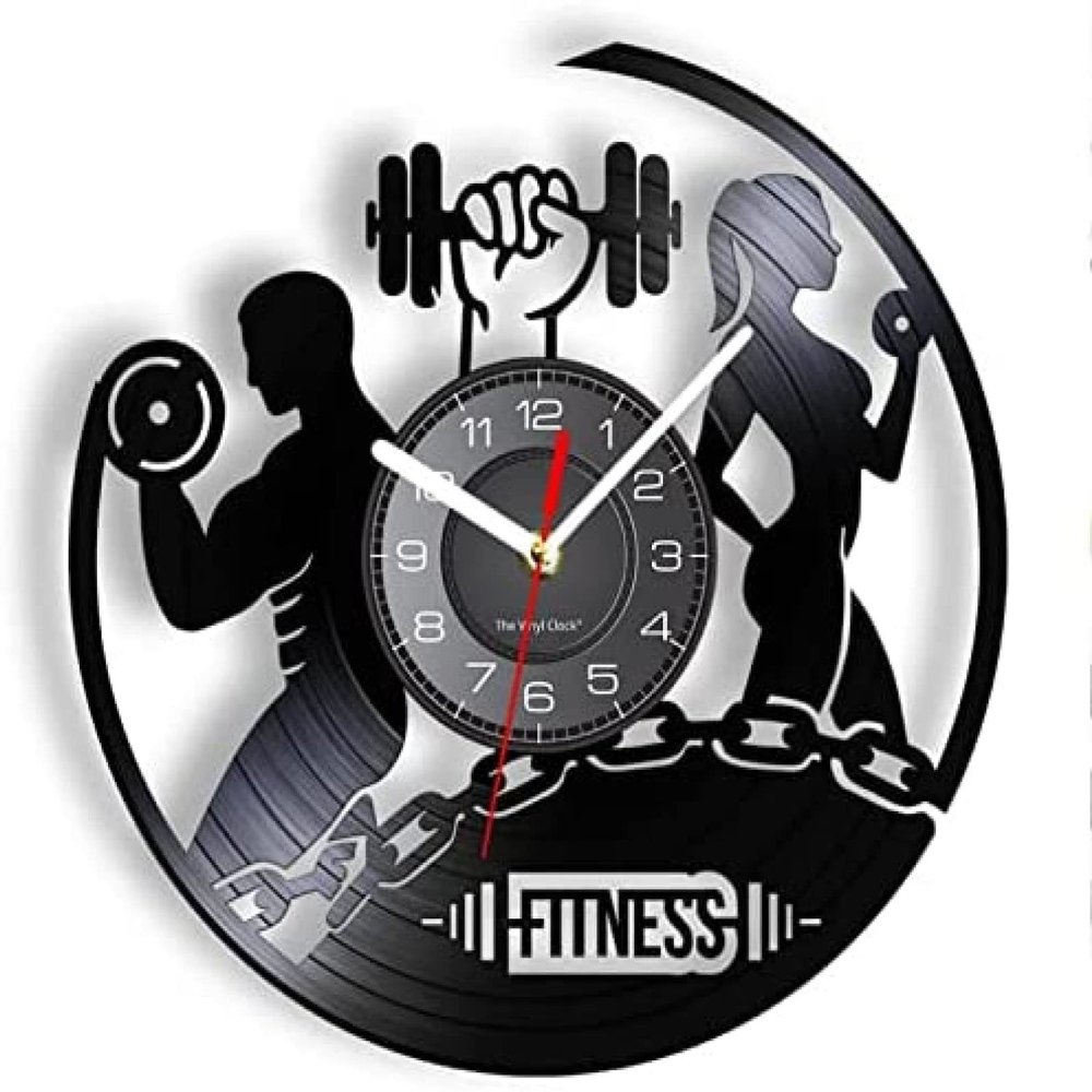 Black Vinyl Wall Clock 12Inch Handmade Sports Gym Wall Art Bodybuilding Room Decor Dumbbell Wall Clock