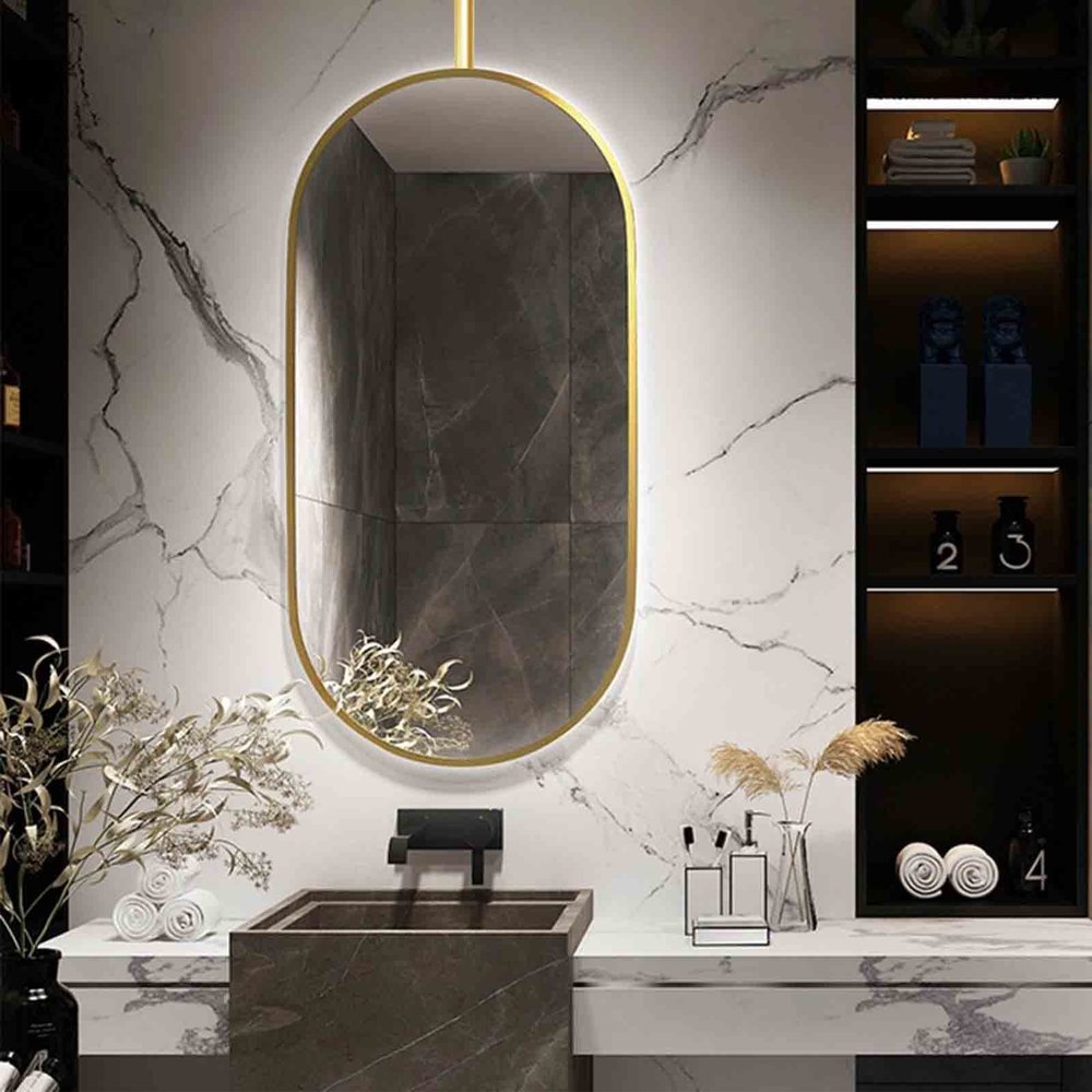 Ceiling Gold Metal Hanging Boom MirrorModern Oval Large Make-up Mirror Bathroom Washroom Bedroom Hallway Elliptical Floating Decor Wall Mounted Mirrors ( Size : 40cmx60cm )