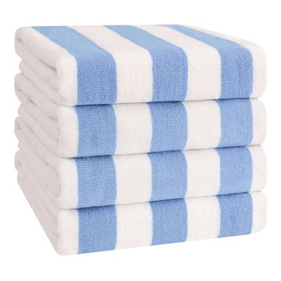 American Soft Linen Cabana Striped Beach Towels, 30x60 inch 4 Piece Oversize Pool Towels, Quick Drying Sand Free Swim Towels, Sky Blue