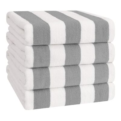 American Soft Linen Cabana Striped Beach Towels, 30x60 inch 4 Piece Oversize Pool Towels, Quick Drying Sand Free Swim Towels, Rockridge Grey