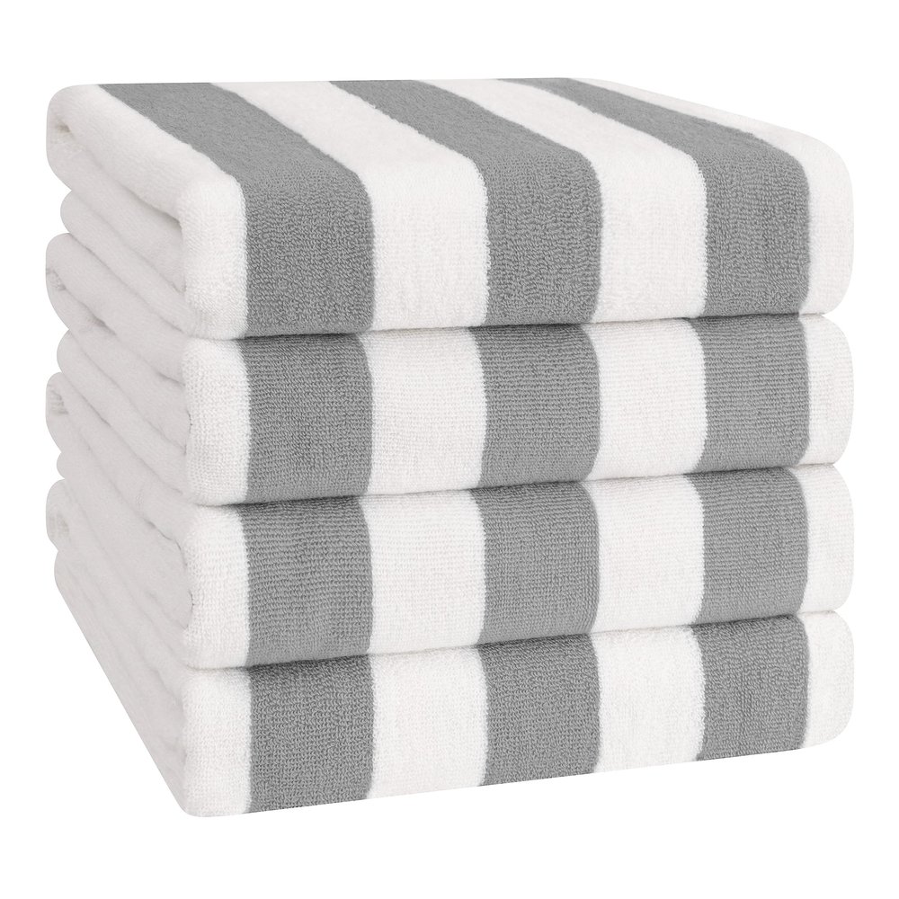 American Soft Linen Cabana Striped Beach Towels, 30x60 inch 4 Piece Oversize Pool Towels, Quick Drying Sand Free Swim Towels, Rockridge Grey