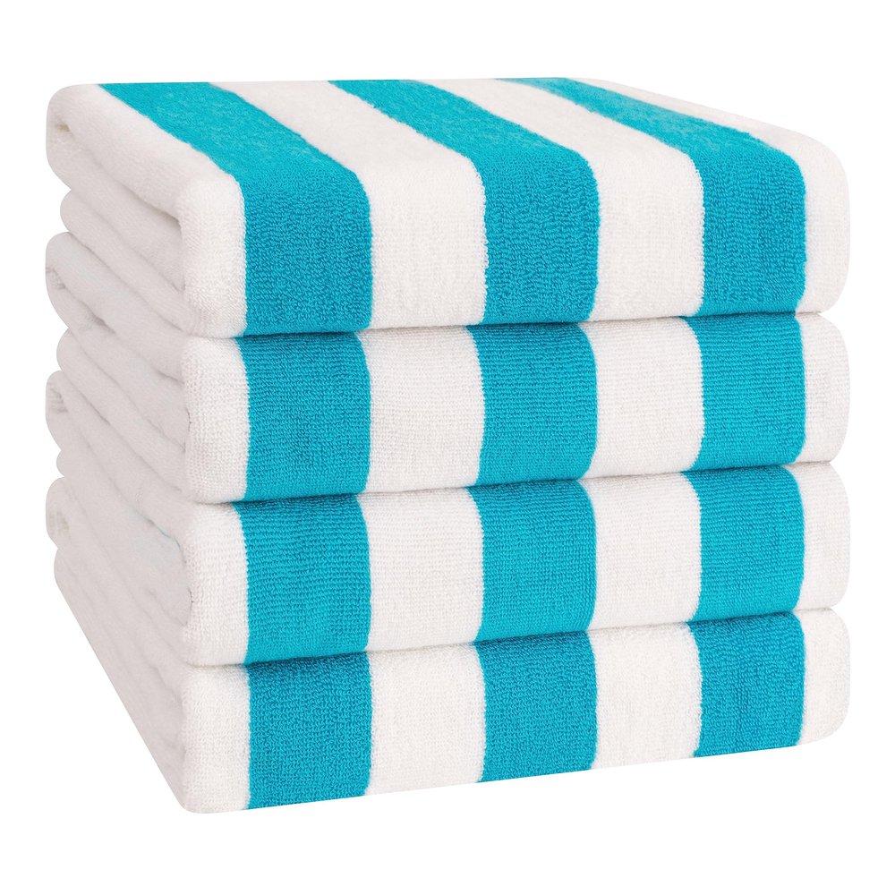 American Soft Linen Cabana Striped Beach Towels, 30x60 inch 4 Piece Oversize Pool Towels, Quick Drying Sand Free Swim Towels, Turquoise Blue