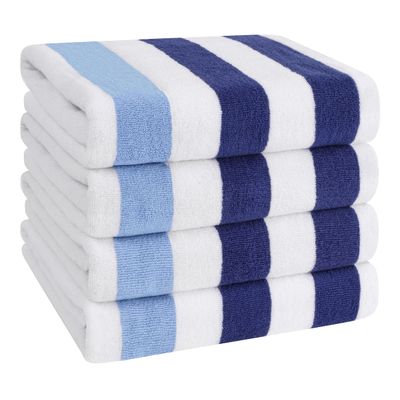 American Soft Linen Cabana Striped Beach Towels, 30x60 inch 4 Piece Oversize Pool Towels, Quick Drying Sand Free Swim Towels, Navy-Sky Blue