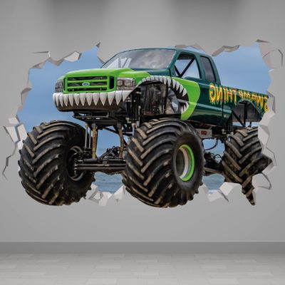 Monster Truck Wall Decals - Monster Truck Room Decor for Boys - Monster Truck Stickers - Tonka Truck Bedroom Decor - Shark Truck Decals for Wall - Monster Truck Vinyl Decals (24"W x 14"H (60cm x 36cm))