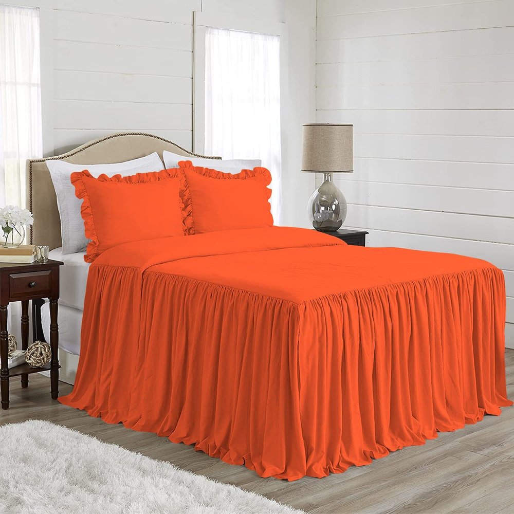 4 Piece Long Ruffle Sheet Set, 20" Inch Long Ruffle On Corner of The Flat Sheet, 24 Inch Deep Pocket, 100% Egyptian Cotton, 1000 TC, Cal King Size, Solid Orange