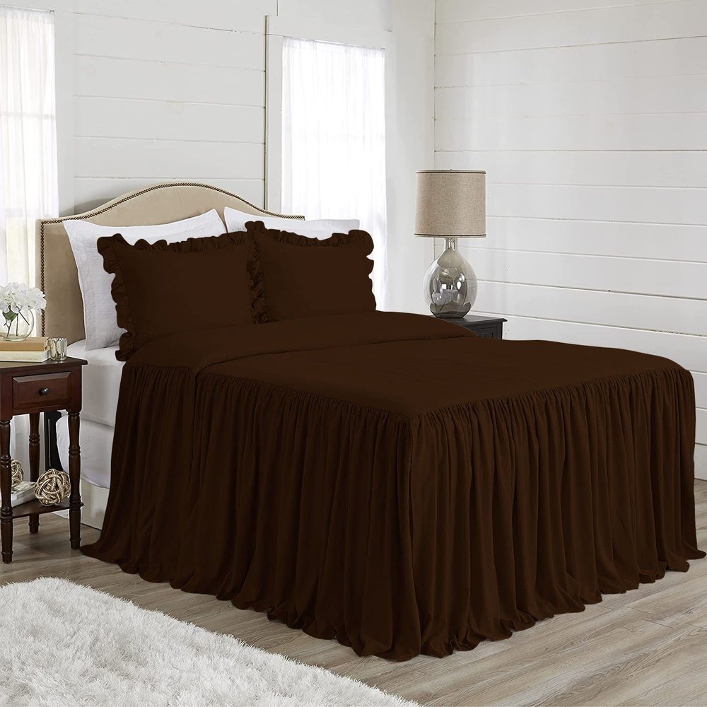 4 Piece Long Ruffle Sheet Set, 20" Inch Long Ruffle On Corner of The Flat Sheet, 28 Inch Deep Pocket, 100% Egyptian Cotton, 1000 TC, Olympic Queen Size, Solid Chocolate