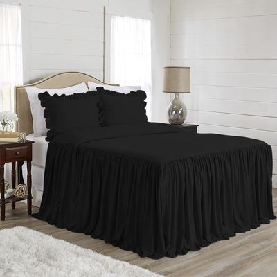 4 Piece Long Ruffle Sheet Set, 20" Inch Long Ruffle On Corner of The Flat Sheet, 28 Inch Deep Pocket, 100% Egyptian Cotton, 1000 TC, King Size, Solid Black