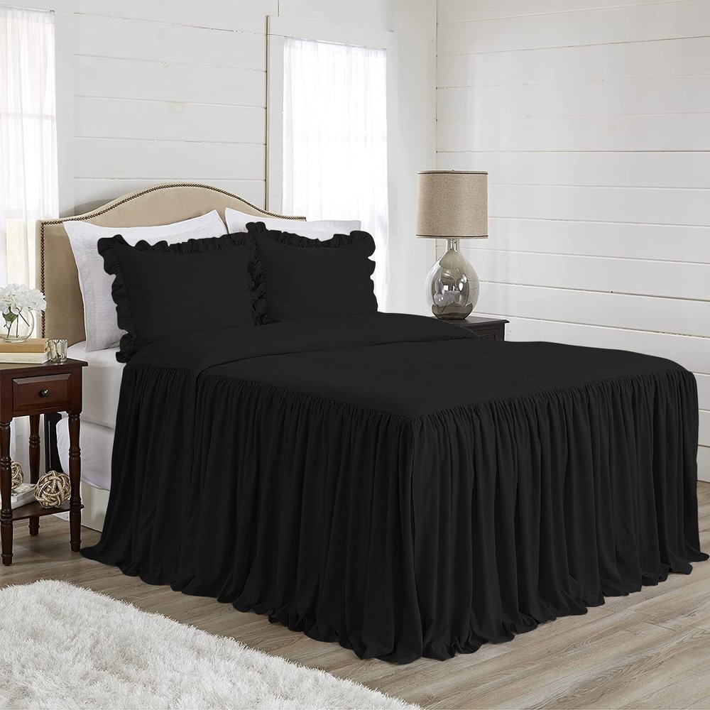 4 Piece Long Ruffle Sheet Set, 20" Inch Long Ruffle On Corner of The Flat Sheet, 28 Inch Deep Pocket, 100% Egyptian Cotton, 1000 TC, King Size, Solid Black