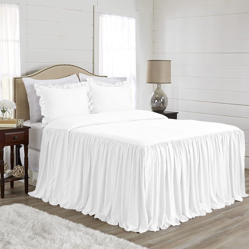 4 Piece Long Ruffle Sheet Set, 20" Inch Long Ruffle On Corner of The Flat Sheet, 28 Inch Deep Pocket, 100% Egyptian Cotton, 1000 TC, Olympic Queen Size, Solid White