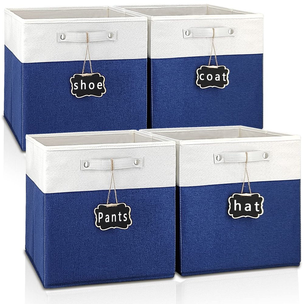 13x15x13 storage cube bins,Set of 4 Collapsible Fabric Storage Cubes with Labels,Linen Cube Storage Organizer Bins Kallax Storage Cubes for Organizing Home,Shelves,Cabinet,Clothes(White Blue).