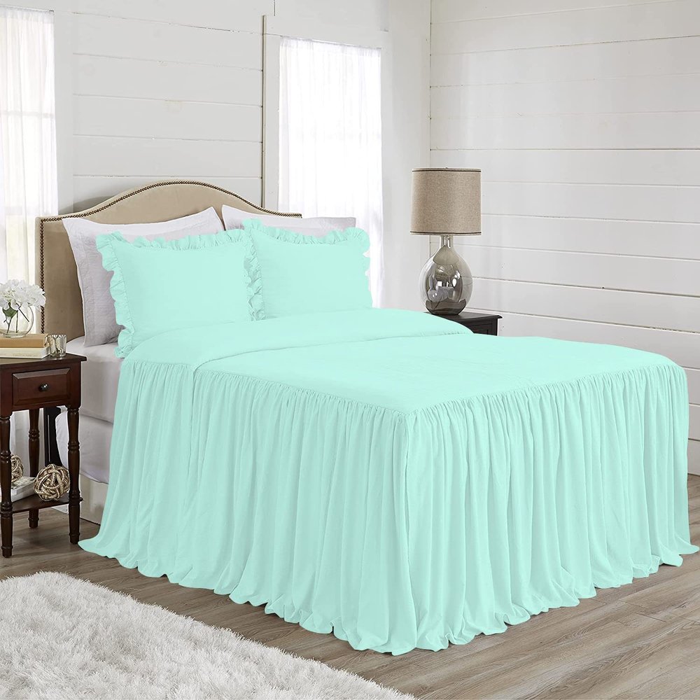 4 Piece Long Ruffle Sheet Set, 20" Inch Long Ruffle On Corner of The Flat Sheet, 28 Inch Deep Pocket, 100% Egyptian Cotton, 1000 TC, King Size, Solid Aqua Blue