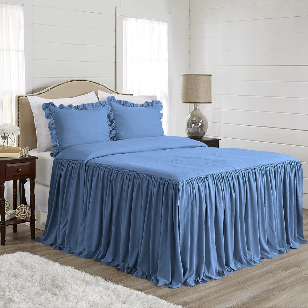 4 Piece Long Ruffle Sheet Set, 25" Inch Long Ruffle On Corner of The Flat Sheet, 8 Inch Deep Pocket, 100% Egyptian Cotton, 1000 TC, Twin XL Size, Solid Medium Blue