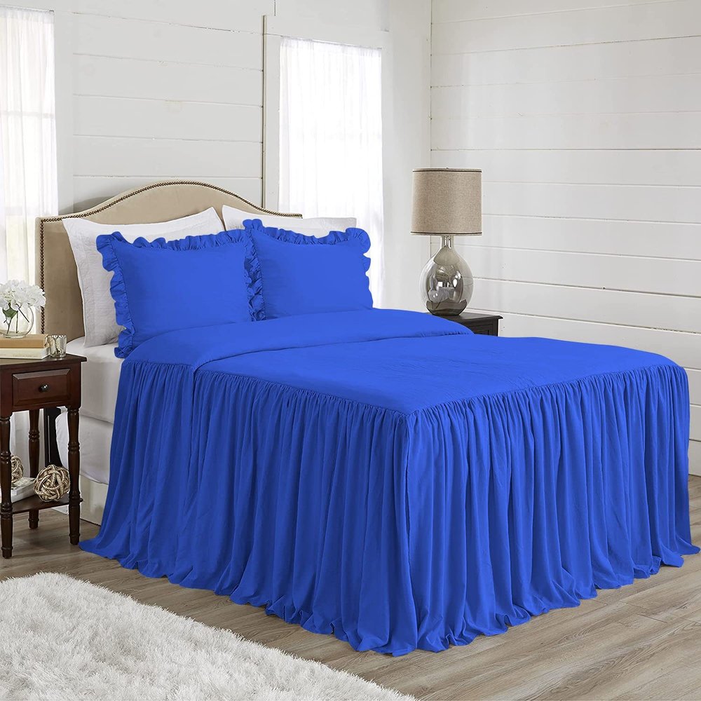 4 Piece Long Ruffle Sheet Set, 25" Inch Long Ruffle On Corner of The Flat Sheet, 8 Inch Deep Pocket, 100% Egyptian Cotton, 1000 TC, Cal King Size, Solid Royal Blue