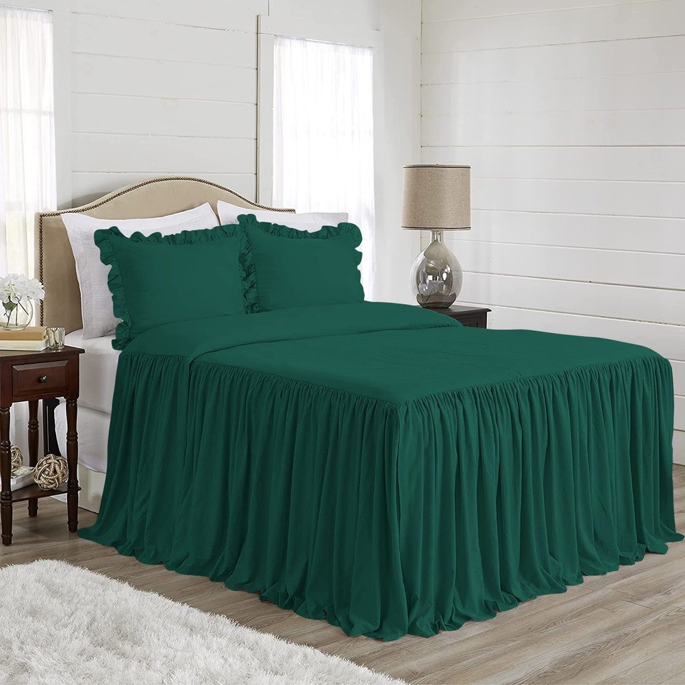 4 Piece Long Ruffle Sheet Set, 25" Inch Long Ruffle On Corner of The Flat Sheet, 8 Inch Deep Pocket, 100% Egyptian Cotton, 1000 TC, Queen Size, Solid Teal Green