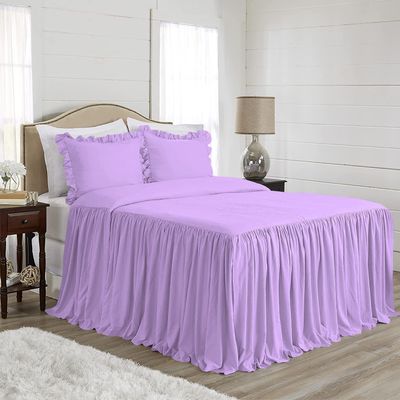 4 Piece Long Ruffle Sheet Set, 25" Inch Long Ruffle On Corner of The Flat Sheet, 8 Inch Deep Pocket, 100% Egyptian Cotton, 1000 TC, Cal King Size, Solid Lavender