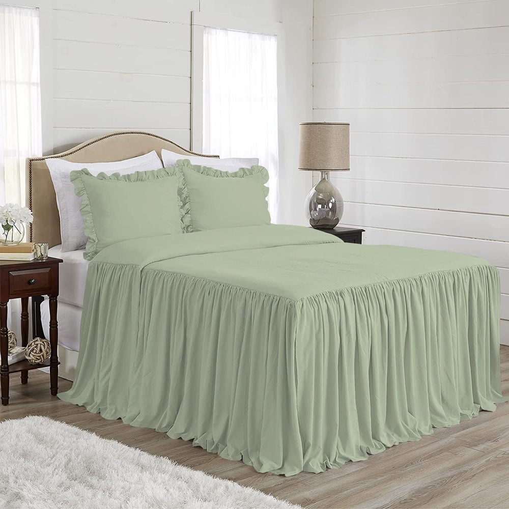 4 Piece Long Ruffle Sheet Set, 25" Inch Long Ruffle On Corner of The Flat Sheet, 10 Inch Deep Pocket, 100% Egyptian Cotton, 1000 TC, Full Size, Solid Light Sage