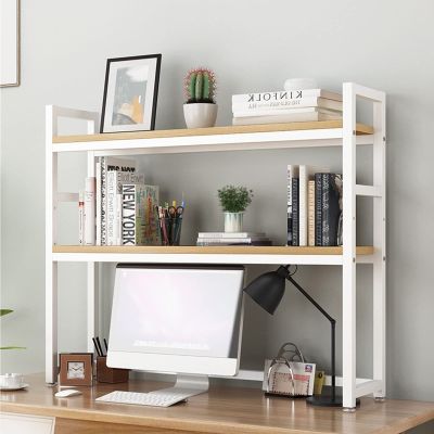 2-Tier Wrought Iron Desktop Bookshelf - Multifunctional Desktop Storage Rack, Small Office Bookcase, Microwave Racks In The Kitchen, Suitable For Office And Home Decoration ( Color : White+Teak , Size