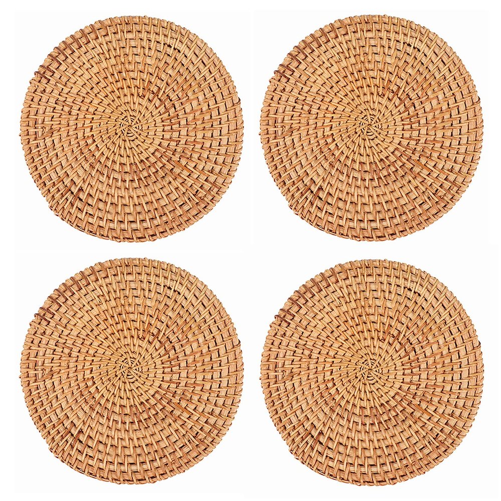 UPTALY 4 pcs Natural Rattan Placemats (6.3 inch), Hand Woven, 0.5 cm Thick, Non Slip Table Mat, Heat Resistant Round Place Mats, for Kitchen Countertop