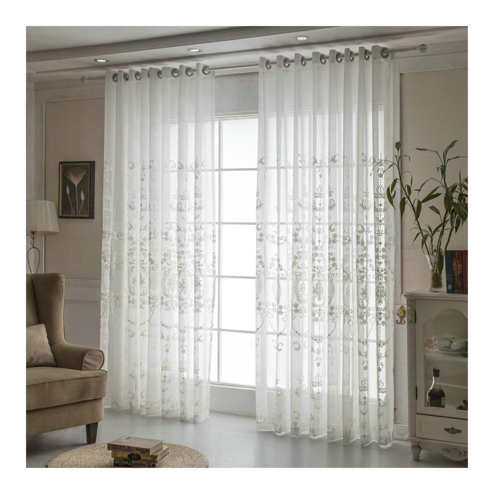 34x72 Sheer Curtains for Kids Room, Linen White Curtains Bedroom Flower Embroidered Grommet 72 Inch Curtains Farmhouse