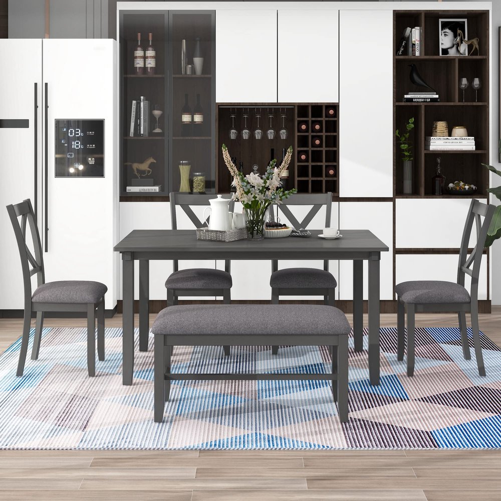 Aiuyesuo 6-Piece Kitchen Dining Room Table Set, Farmhouse Rustic Solid Wood Rectangular Dining Table with 4 Fabric Upholstered Chairs and Bench, Family Dining Kitchen Set for 6 (Gray-N)