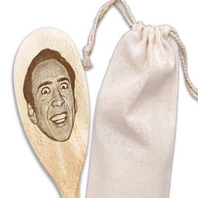 Nicolas Cage Face On Wooden Spoons Nic Cage On Things Nicolas Cage Gifts For Birthday Housewarming Gift Funny Meme Gift Chef Cook Fan Gift (Smiling + Bag)
