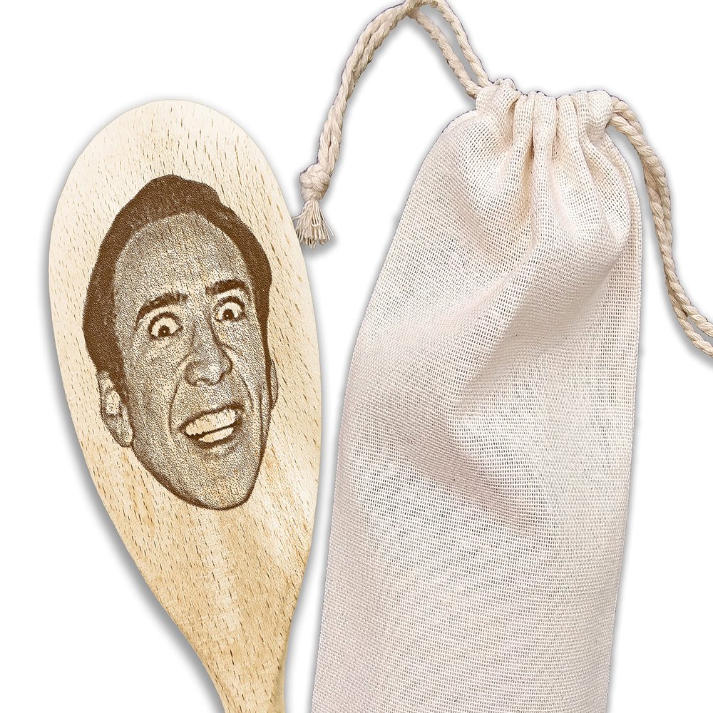 Nicolas Cage Face On Wooden Spoons Nic Cage On Things Nicolas Cage Gifts For Birthday Housewarming Gift Funny Meme Gift Chef Cook Fan Gift (Smiling + Bag)
