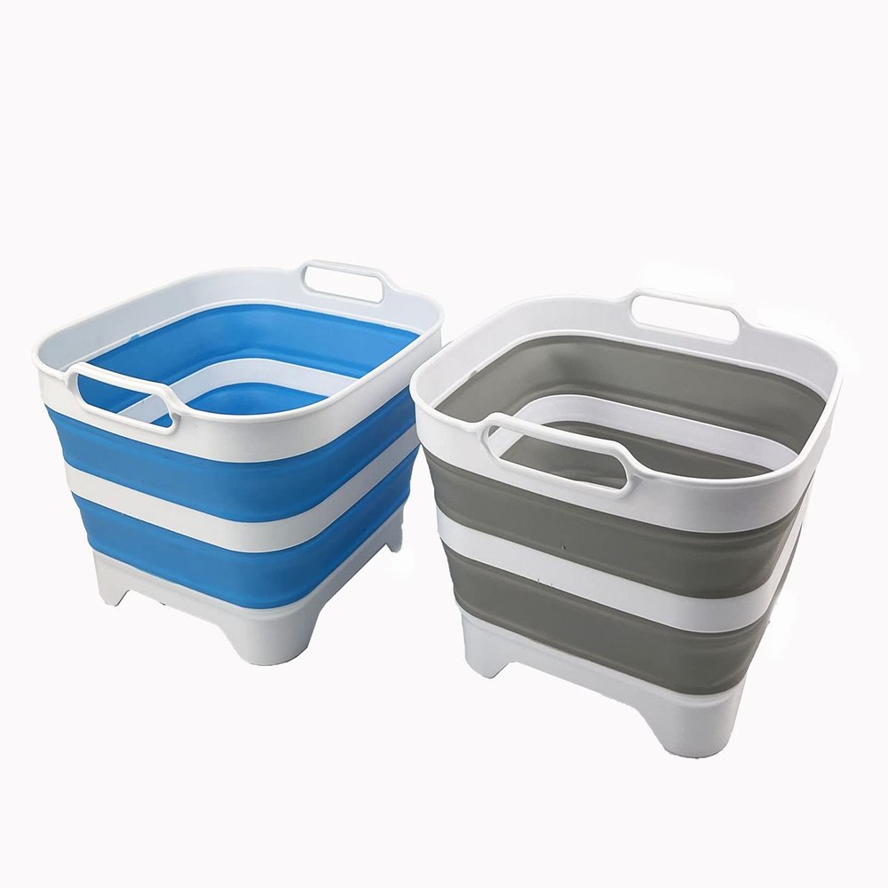 SAMMART 10L (2.64 Gallon) Collapsible Dishpan with Draining Plug - Foldable Washing Basin - Portable Dish Washing Tub - Space Saving Kitchen Storage Tray (Grey + Aqua Blue (Set of 2))