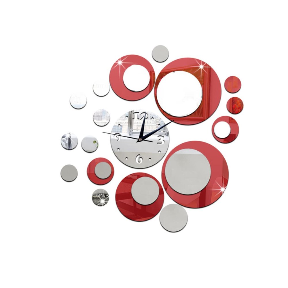 Hoement DIY 3D Acrylic Wall Clock Red Mirror Decor for Home Office Living Room