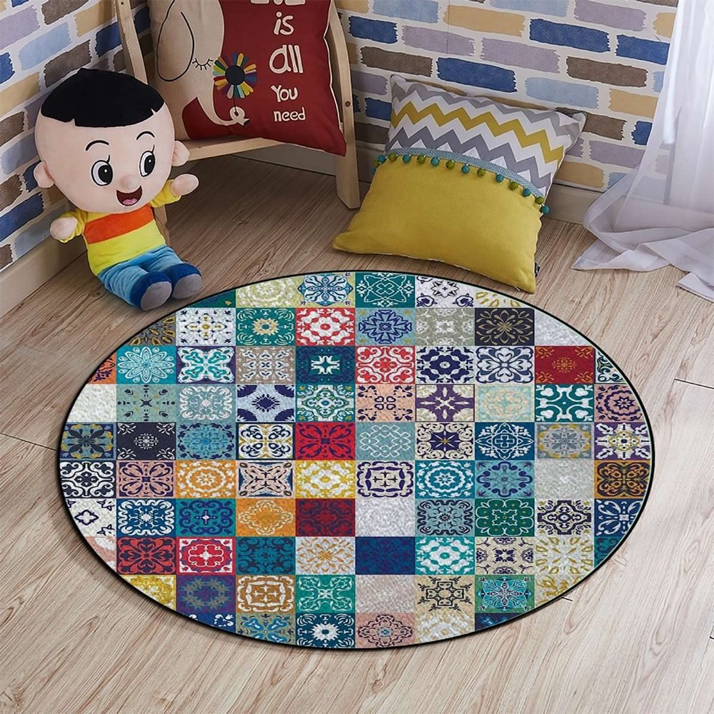 Abstract Round Carpet Playmat - Play Learn and Have Fun Safely,Crawling Mat, Educational Soft Rug, Shower/Birthday Gift, Moroccan Oriental Eastern Pattern,Rainbow Color Diameter 39.3 in