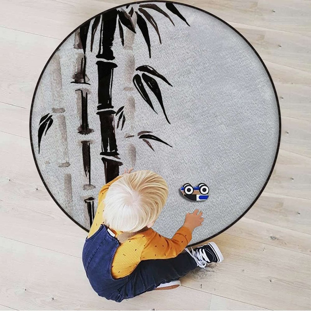Bamboo Round Carpet Playmat - Play Learn and Have Fun Safely,Crawling Mat, Educational Soft Rug, Shower/Birthday Gift, Silhouette of Spiritual Bamboo Tree Leaves,Black White Diameter 39.3 in