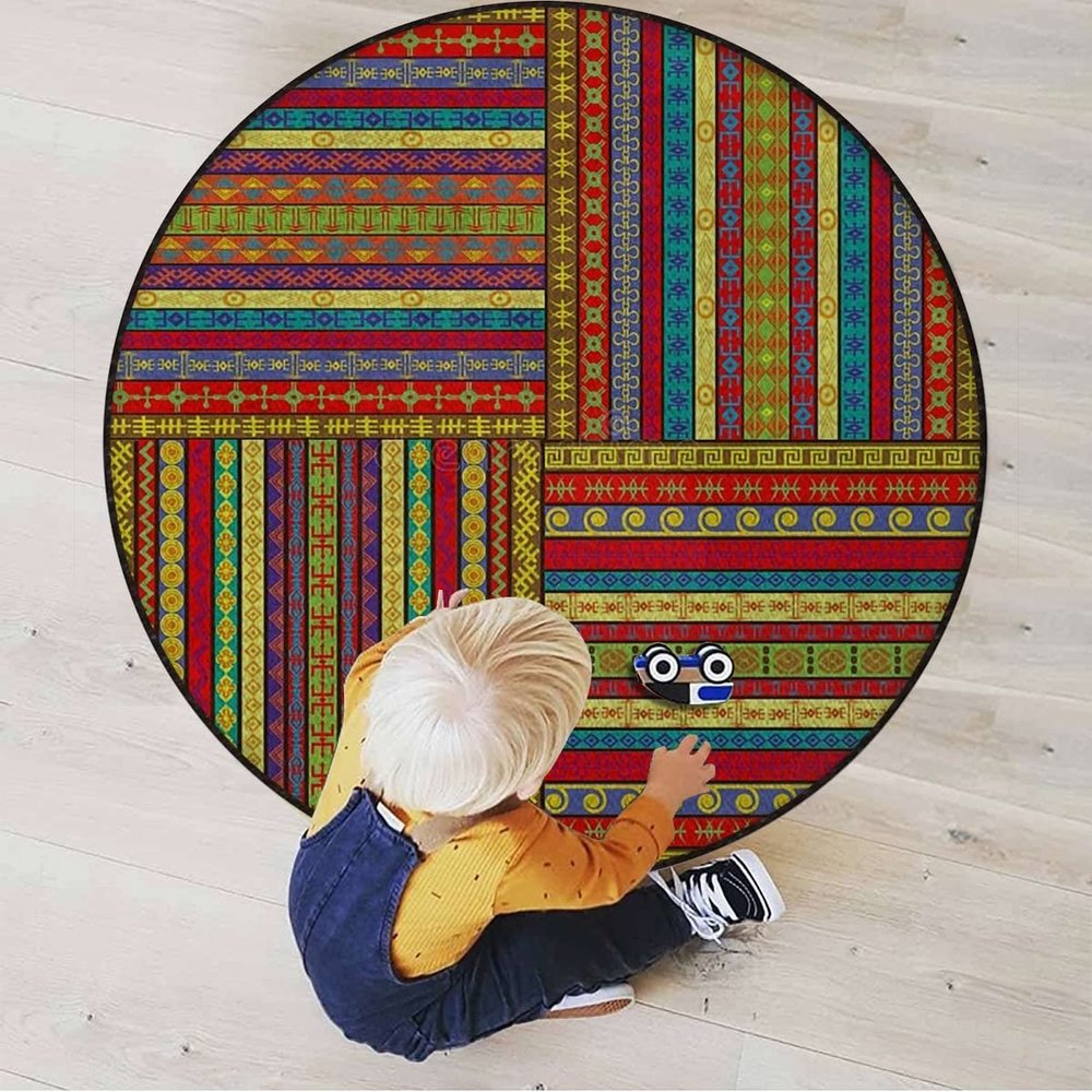 African Chair Mat for Hardwood Floor Round Floor Mats for Office Chair Computer Gaming Desk Mat for Rolling Chair Non-Slip Gaming Rug Geometric Forms and Antique Retro,Yellow Red Diameter 60 in