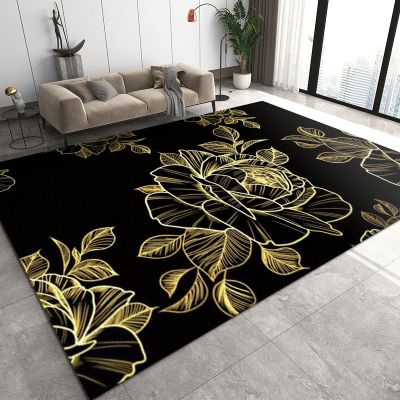 Luxurious Black Gold Rose Floral Art Area Rug, Indoor Non-Slip Kids Rugs, Machine Washable Breathable Durable Carpet for Front Entrance Floor Decor-5x6ft