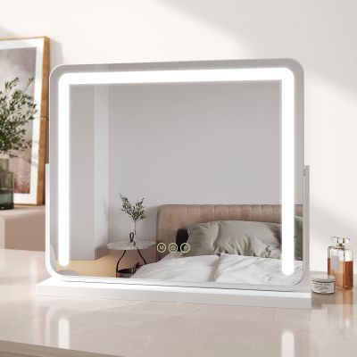 EMKE Hollywood Vanity Mirror with Lights, Large Tabletop Makeup Mirror with Dimmable, Smart Touch Screen, Hollywood Mirror with 360 Rotation and Memory Function, 600 x 516mm, White