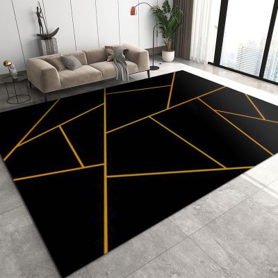 Luxurious Black Gold Geometric Stripe Art Area Rug, Indoor Non-Slip Kids Rugs, Machine Washable Breathable Durable Carpet for Front Entrance Floor Decor-5x6ft