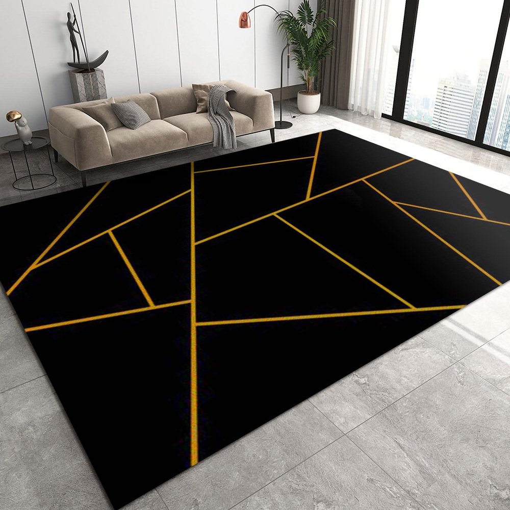 Luxurious Black Gold Geometric Stripe Art Area Rug, Indoor Non-Slip Kids Rugs, Machine Washable Breathable Durable Carpet for Front Entrance Floor Decor-5x6ft