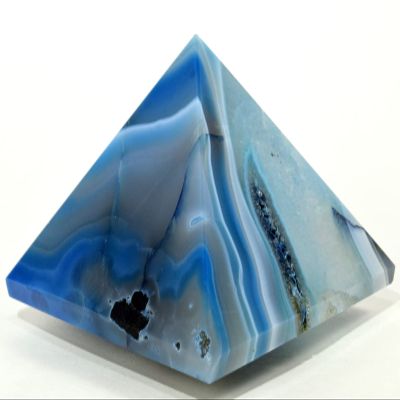 2.8" 240g Dyed Blue Banded Agate w/Quartz Druzy Pyramid Polished Natural Chalcedony Gemstone Crystal Mineral Collectible Specimen - India + One Clear Quartz Pebble
