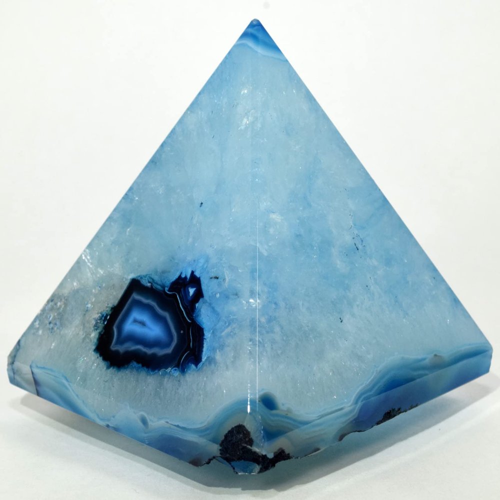2.7" 300g Dyed Blue Banded Agate in Quartz Pyramid Polished Natural Gemstone Crystal Mineral Dcor Specimen - India + One Clear Quartz Pebble