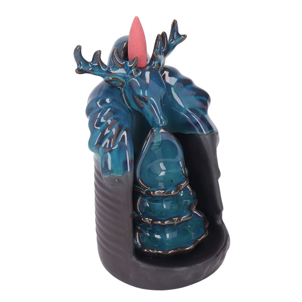Backflow Incense Blue Deer Head Stress Relief Incense Holder Ceramic Waterfall Incense for Home Office Meditation