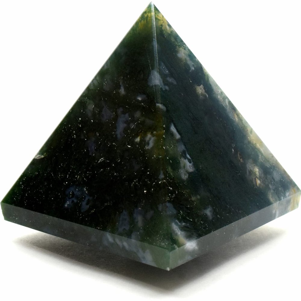 55mm 155g Rich Green Moss Agate Pyramid Polished Natural Chalcedony w/Dendrites Gemstone Crystal Mineral Specimen - India + One Clear Quartz Pebble