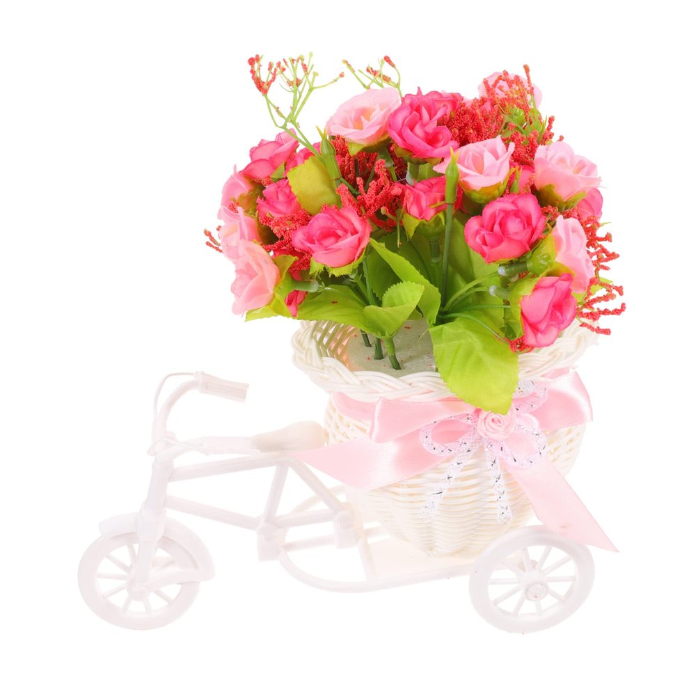 Veemoon Rattan Garden Decor Basket Desktop Bike Simulated Tabletop Mini Bicycle Decoration Plant Pink Ornament Planter Stand Home Tricycle for Wedding Artificial