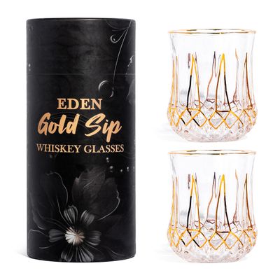 EdensDECOR Whiskey Glasses Gift Set of 2 Gold Luxury Old Fashioned Glasses Bourbon & Scotch Barware for Men Women. Lead-Free Crystal in Elegant Gift Box for Dad, Husband Boss