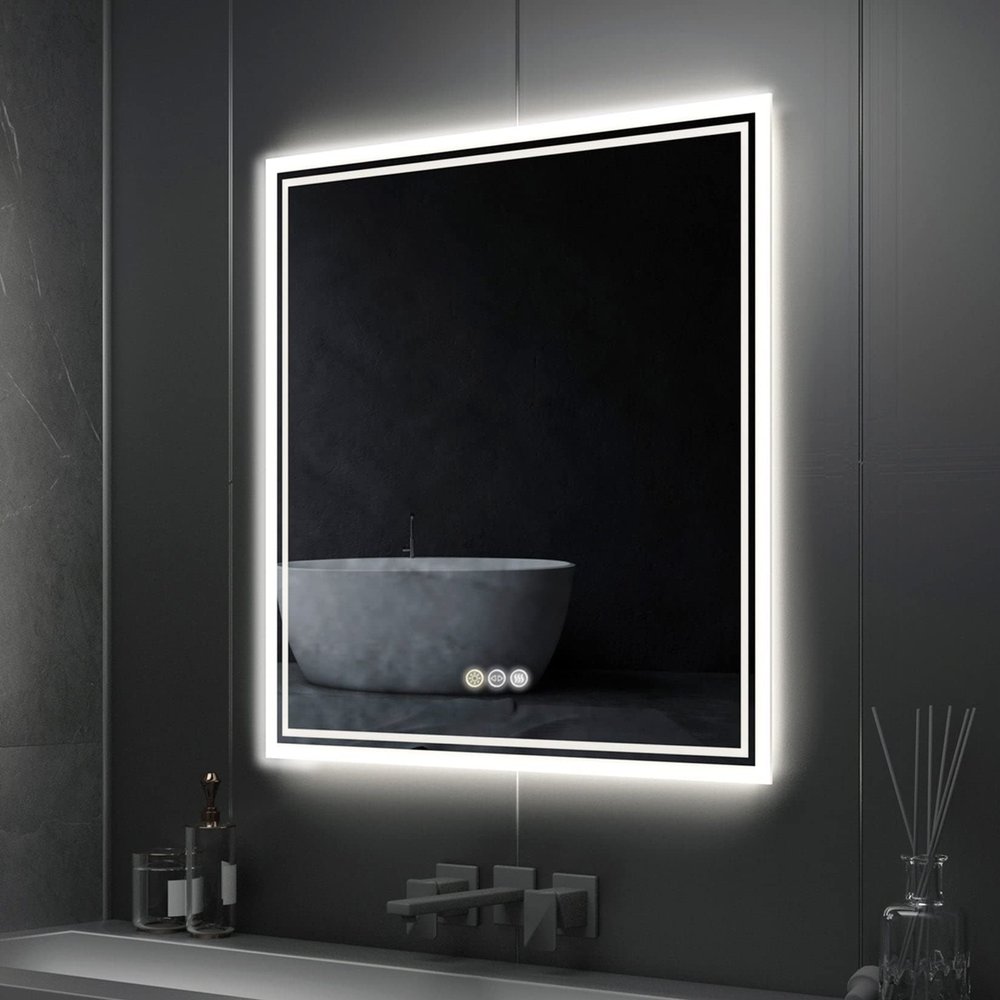 Bathroom Mirror Square Big Led Vanity Makeup Dimmable Anti-Fog 32 * 32" Silver Modern Contemporary Fog Free
