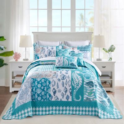 HZ & HY Coastal Oversized King Bedspread, Lightweight Beach Bedding Nautical Quilt, Real Stitching, Reversible, 6 Piece, 100% Microfiber, King/Cal King, Seahorse