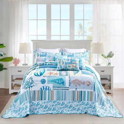 HZ & HY Coastal Oversized King Bedspread 128x120 Extra Wide, Lightweight Beach Bedding Nautical Quilt, Real Stitching, Reversible, 6 Piece, 100% Microfiber, King/California King, Coral