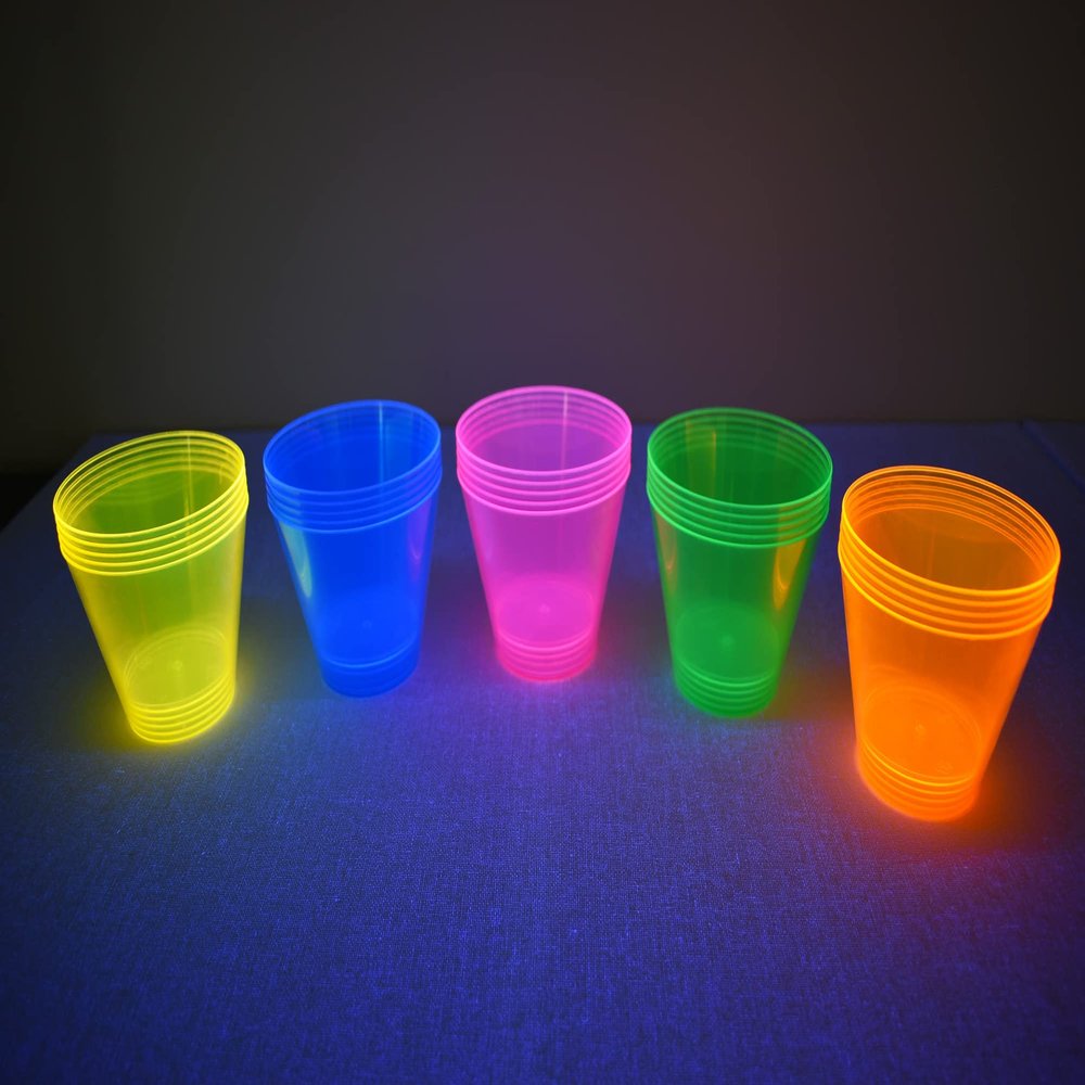 DIRECTGLOW LLC 50ct Blacklight Reactive 9oz Party Cups with 5 Blacklight Balloons (Neon Assorted)