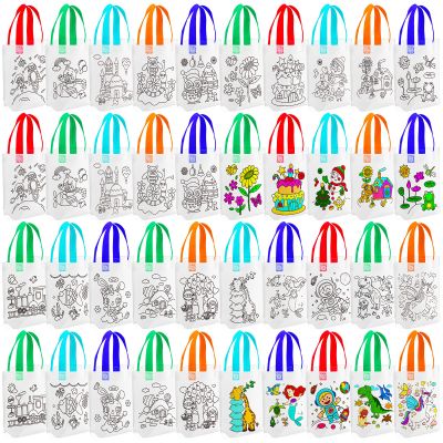 BBTO 100 Pcs Coloring Goodie Bags Cute Cartoon Reusable Party Favor Paint Non Woven Goodie Bags for Kids Birthday Party Art DIY Crafts Supplies, 20 Styles