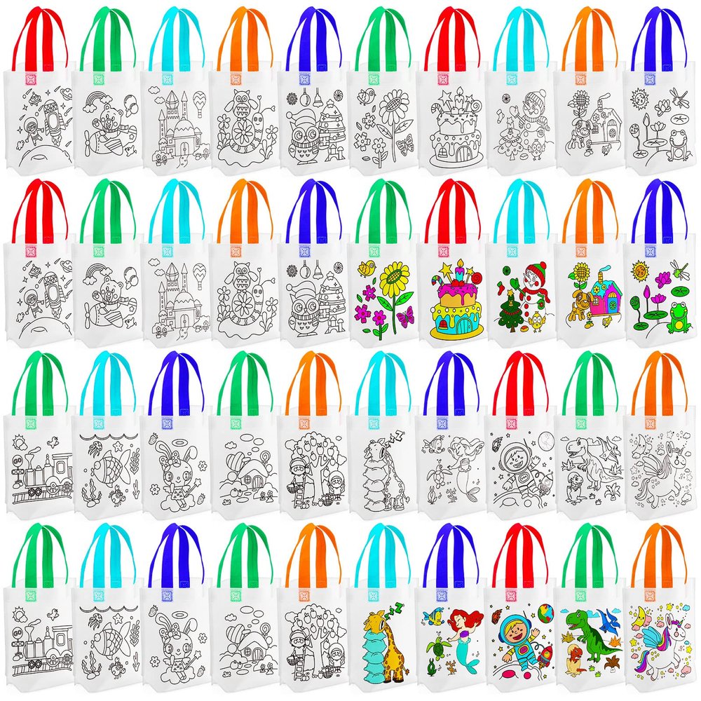 BBTO 100 Pcs Coloring Goodie Bags Cute Cartoon Reusable Party Favor Paint Non Woven Goodie Bags for Kids Birthday Party Art DIY Crafts Supplies, 20 Styles